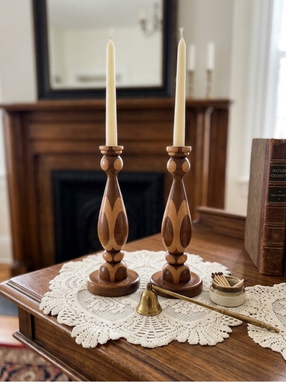 VTG MCM Boho Laminated/Inlaid Multi-Tone Turned Wood Candlestick Holders-pair